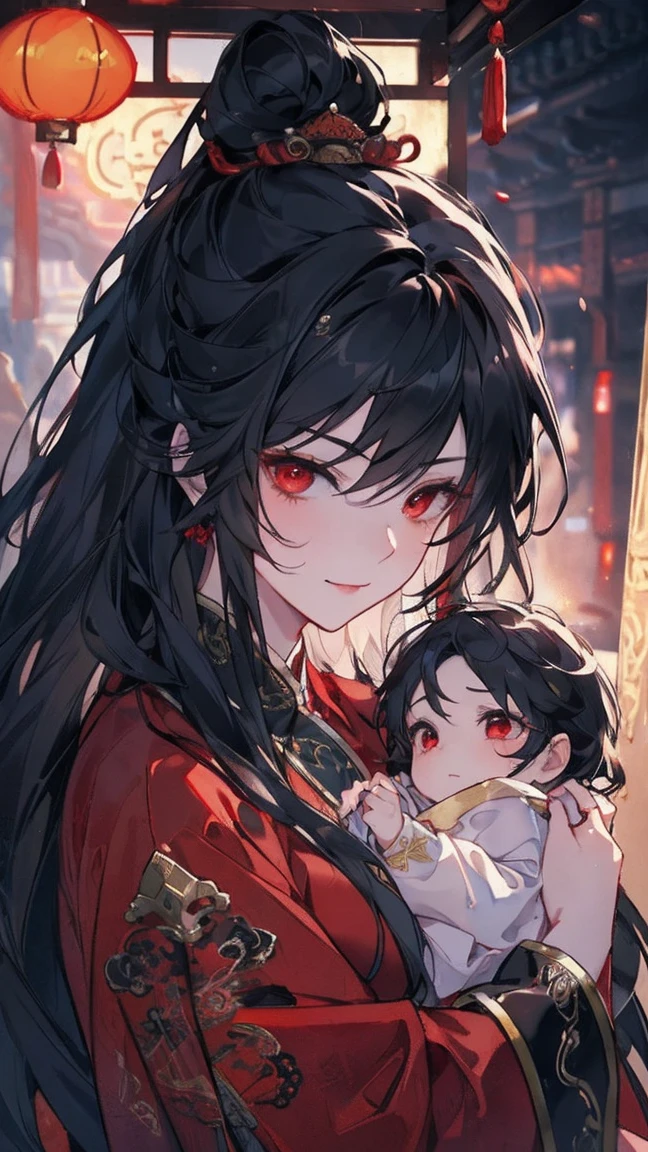 (extremely detailed 8K wallpaper),(ultra-detailed),(best quality),(masterpiece),(highly detailed),(cinematic lighting),(Original),Cold ligh，moody,(Chinese elaborate-style painting ),ink style, black hair, red eyes, sweet smile, sad face, holding her 