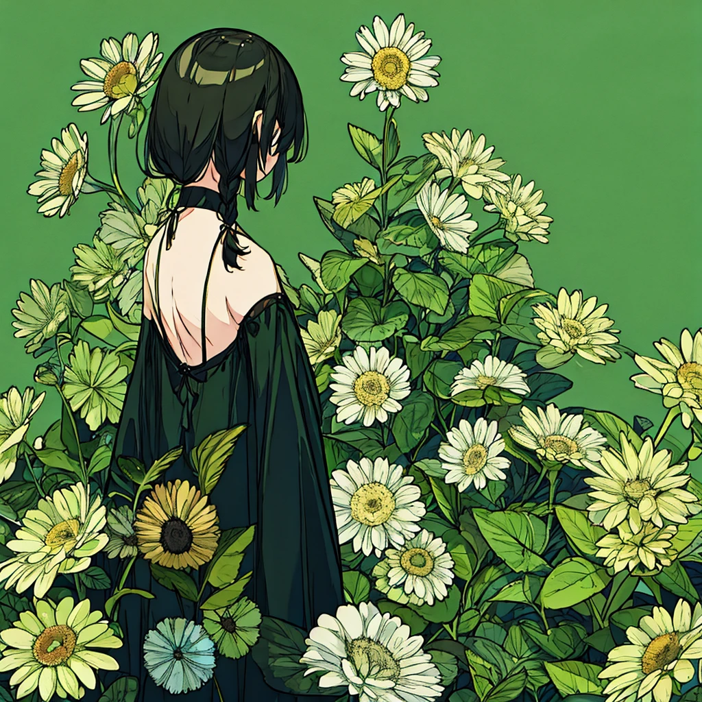 Green background, plain, simple, woman in black, flower