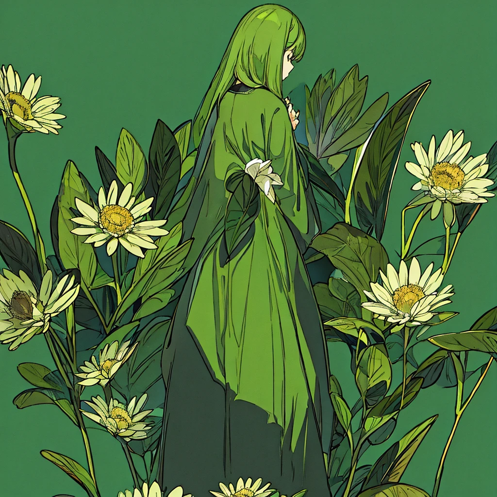 Green background, plain, simple, woman in black, flower