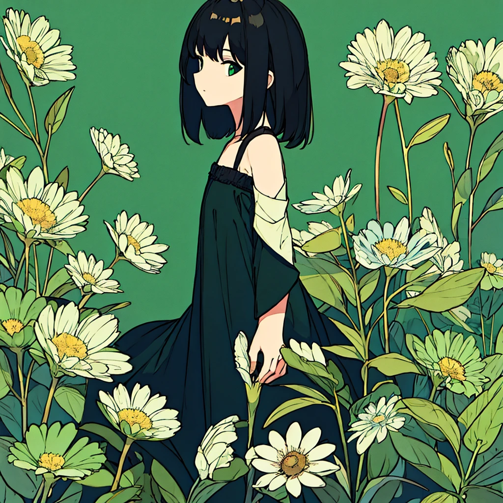 Green background, plain, simple, woman in black, flower