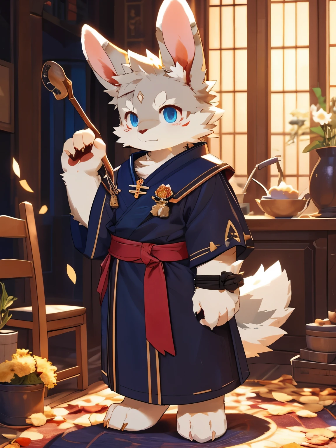 nj5furry,kemono,full-length portrait,anthro,hi res,male,juvenile,rabbit,Red priest,strong,Fluffy hair,Plush paw,A tail,Delicate eyes,Detailed eyes