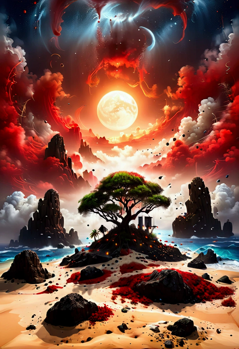 Arafed, a picture of an island of mystery, an island of enigma, an island of secrecy, there some palm trees, white and red sand, some mist surrounds the island, it is the time between the night an day, the sun is in the horizon and some stars are still in the sky, the ruins of ancient tower are visible, veins crawling on it, dynamic angle, Ultra-high resolution, High Contrast, (masterpiece:1.5), highest quality, Best aesthetics), 16K fantasy art, best details, best quality, highres, ultra wide angle, 16k, [ultra detailed], masterpiece, best quality, (extremely detailed), 