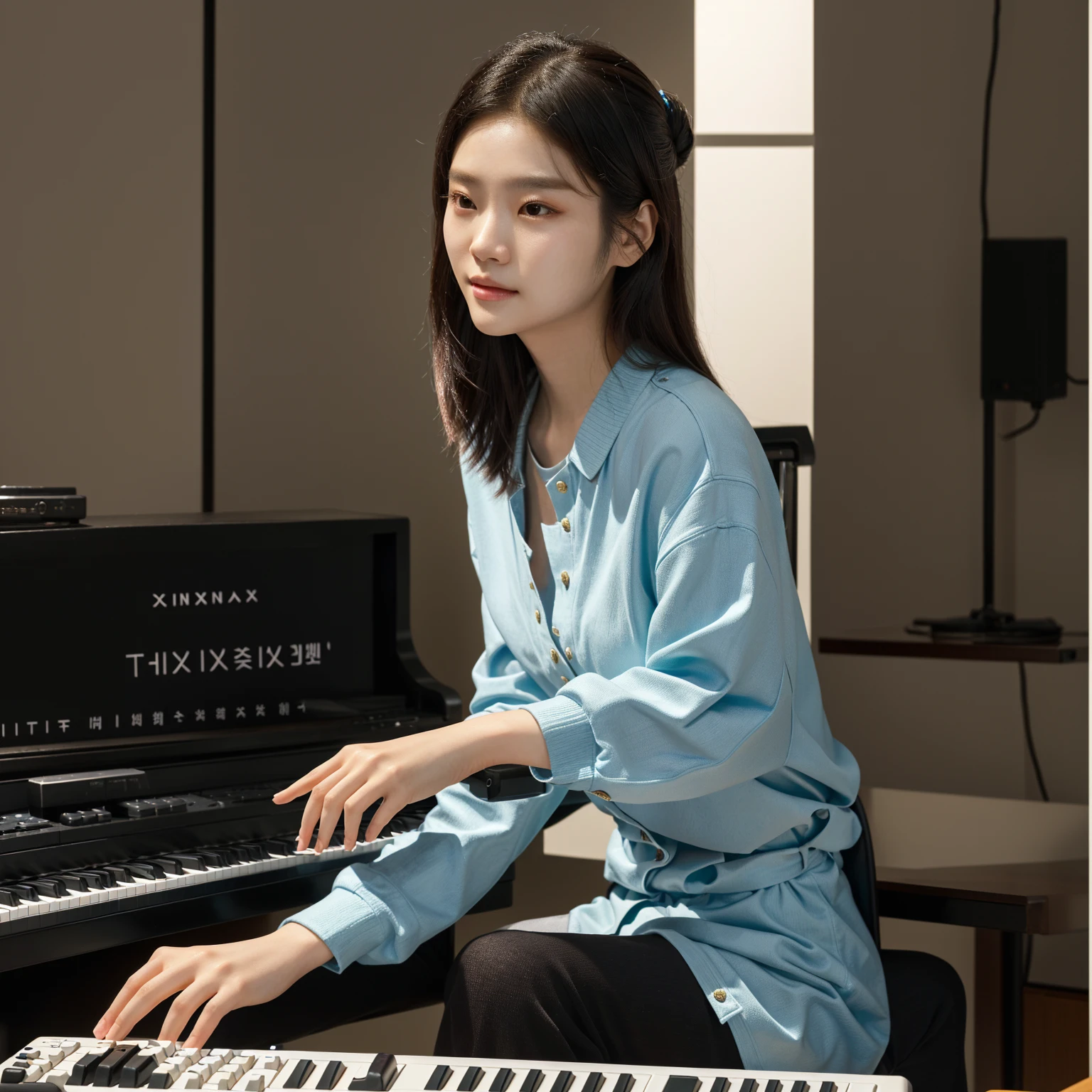 Sitting at the table,Woman with keyboard and keypad in hands, inspired by Song Xu, Inspired by Song Maojin, Nam Jae-yeon, Xuan Yunzhu, keyboardist, pianist, gongbi, song nan li, Lee Ji-eun, Lee Ji-eun, Cui Xianhua, Korean Artist, Inspired by Kim Jong-hee, Use a synthesizer