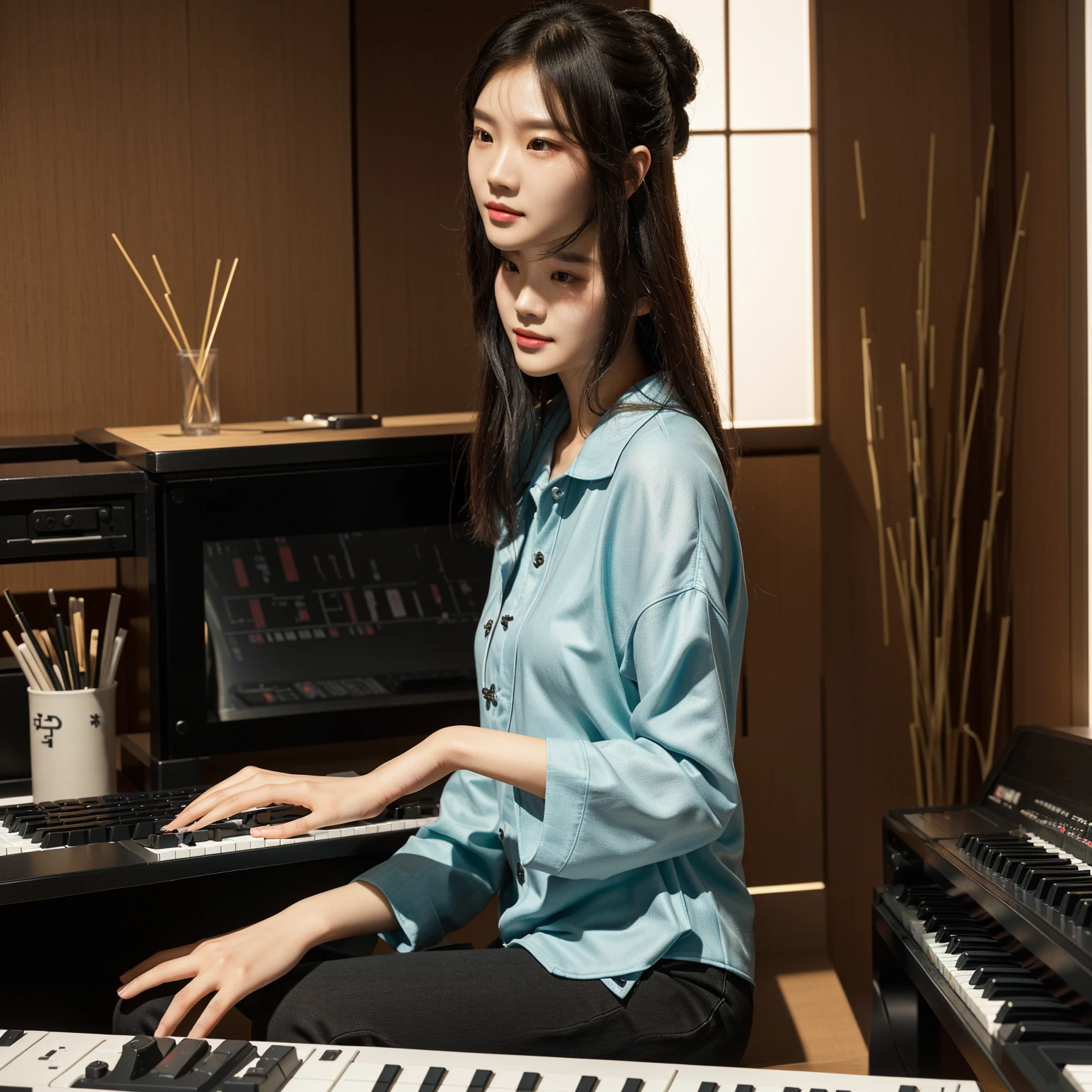 Sitting at the table，Woman with keyboard and keypad in hands, inspired by Song Xu, Inspired by Song Maojin, Nam Jae-yeon, Xuan Yunzhu, keyboardist, pianist, gongbi, song nan li, Lee Ji-eun, Lee Ji-eun, Cui Xianhua, Korean Artist, Inspired by Kim Jong-hee, Use a synthesizer