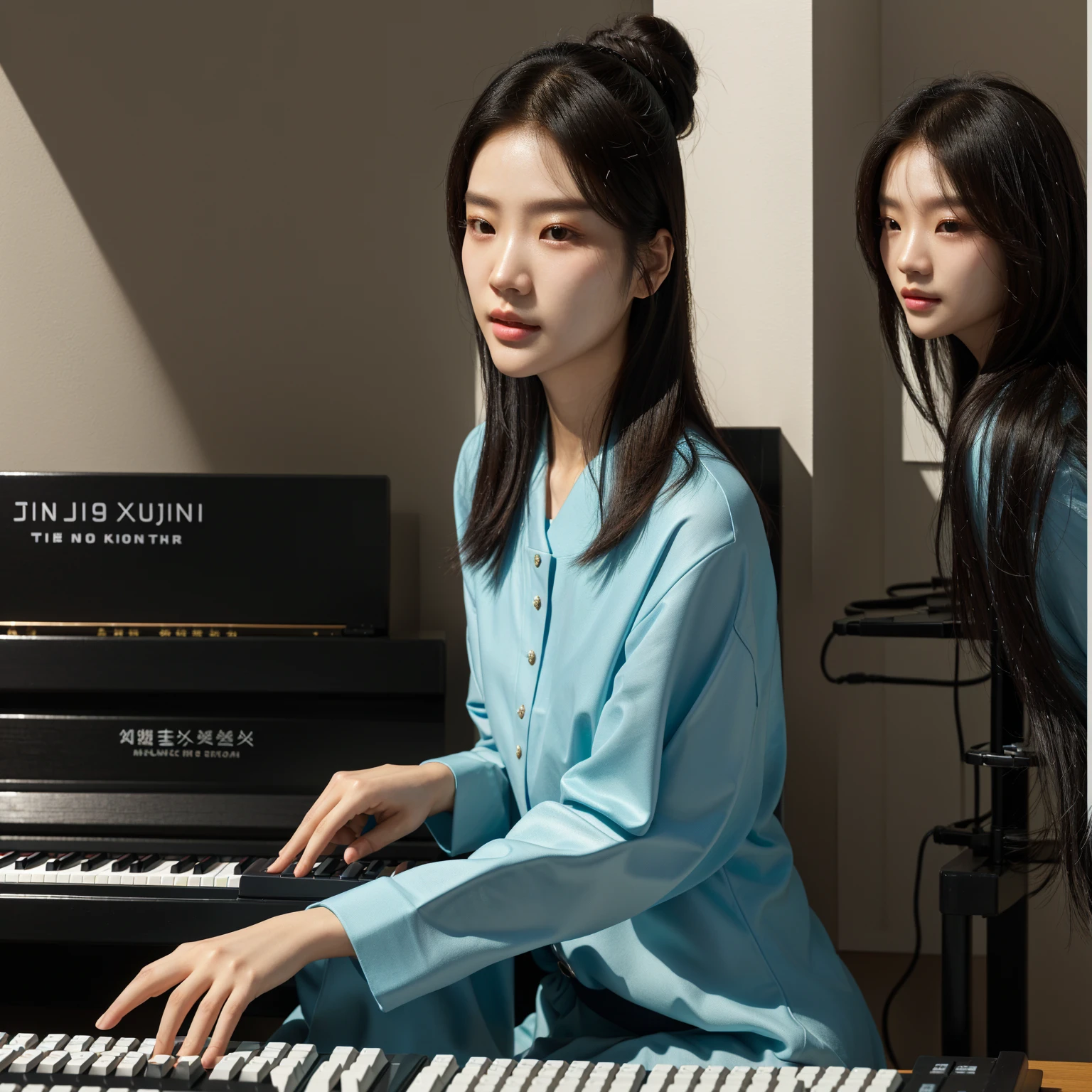 Sitting at the table,Woman with keyboard and keypad in hands, inspired by Song Xu, Inspired by Song Maojin, Nam Jae-yeon, Xuan Yunzhu, keyboardist, pianist, gongbi, song nan li, Lee Ji-eun, Lee Ji-eun, Cui Xianhua, Korean Artist, Inspired by Kim Jong-hee, Use a synthesizer