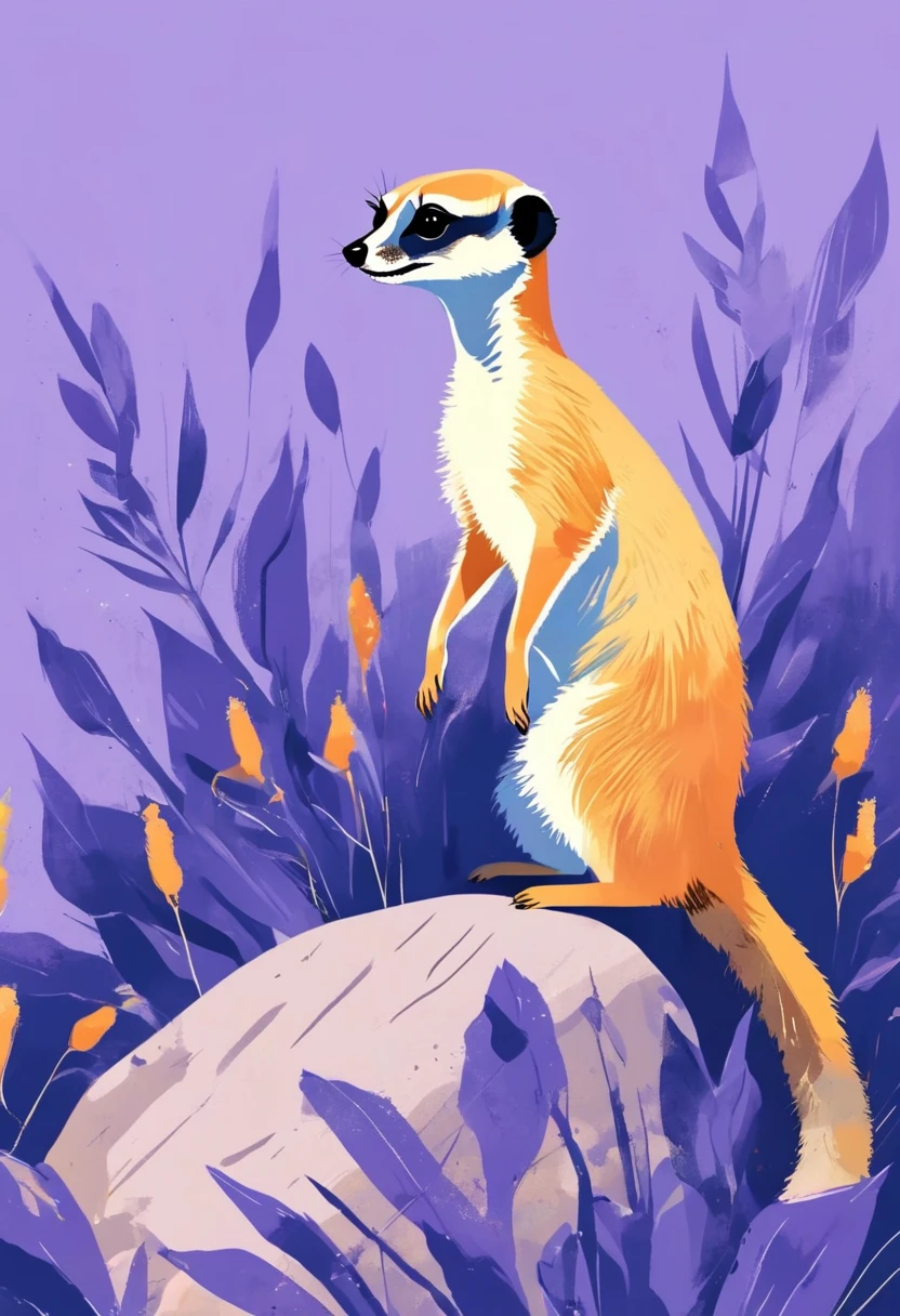 A blue and orange meerkat,In the style of illustrator Malika Favre,Rich details,whole body, Lemon and plants, Use bold shapes and simple vector art style, Simple and clean composition,Purple background,