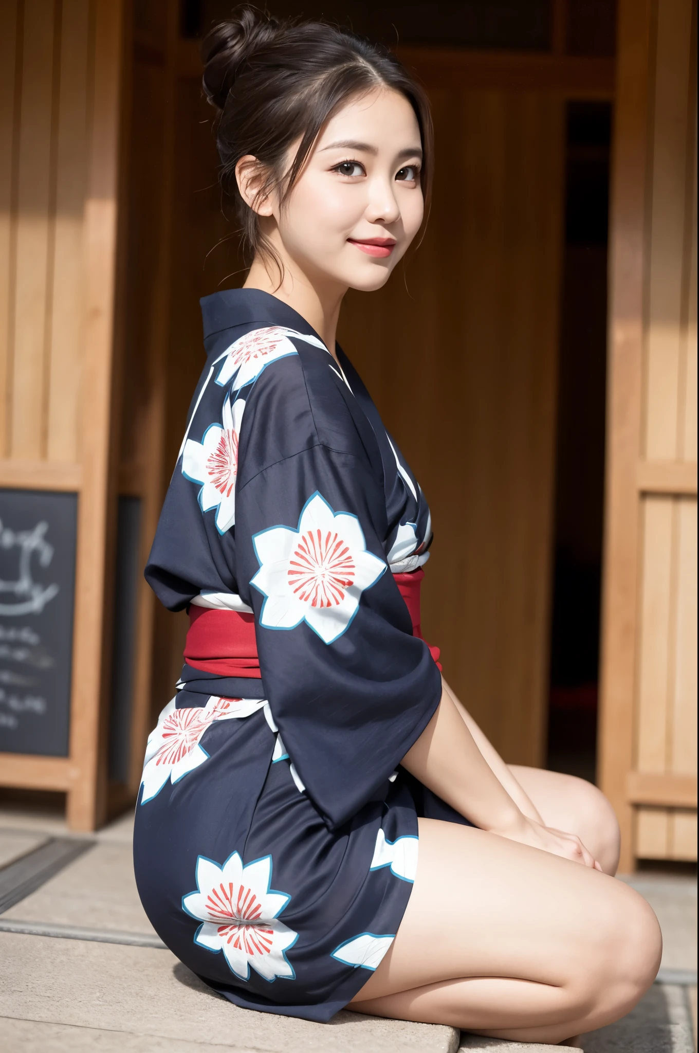 (((8k、High resolution、Highest quality、High resolution)))alone、Natural body shape、White skin、Natural Makeup、((I wear my hair up and short.))、(((Japanese Yukata)))、Japanese Kimono、(:1.4)、(())、(((((Full body photo)))))、(((Looking into the camera)))、(((A cool yukata with an elegant pattern)))、Tatami room、(((lover))) 、((seiza))、((Shot from the side))、(())、、、A look of shame、Smile of shame、(())