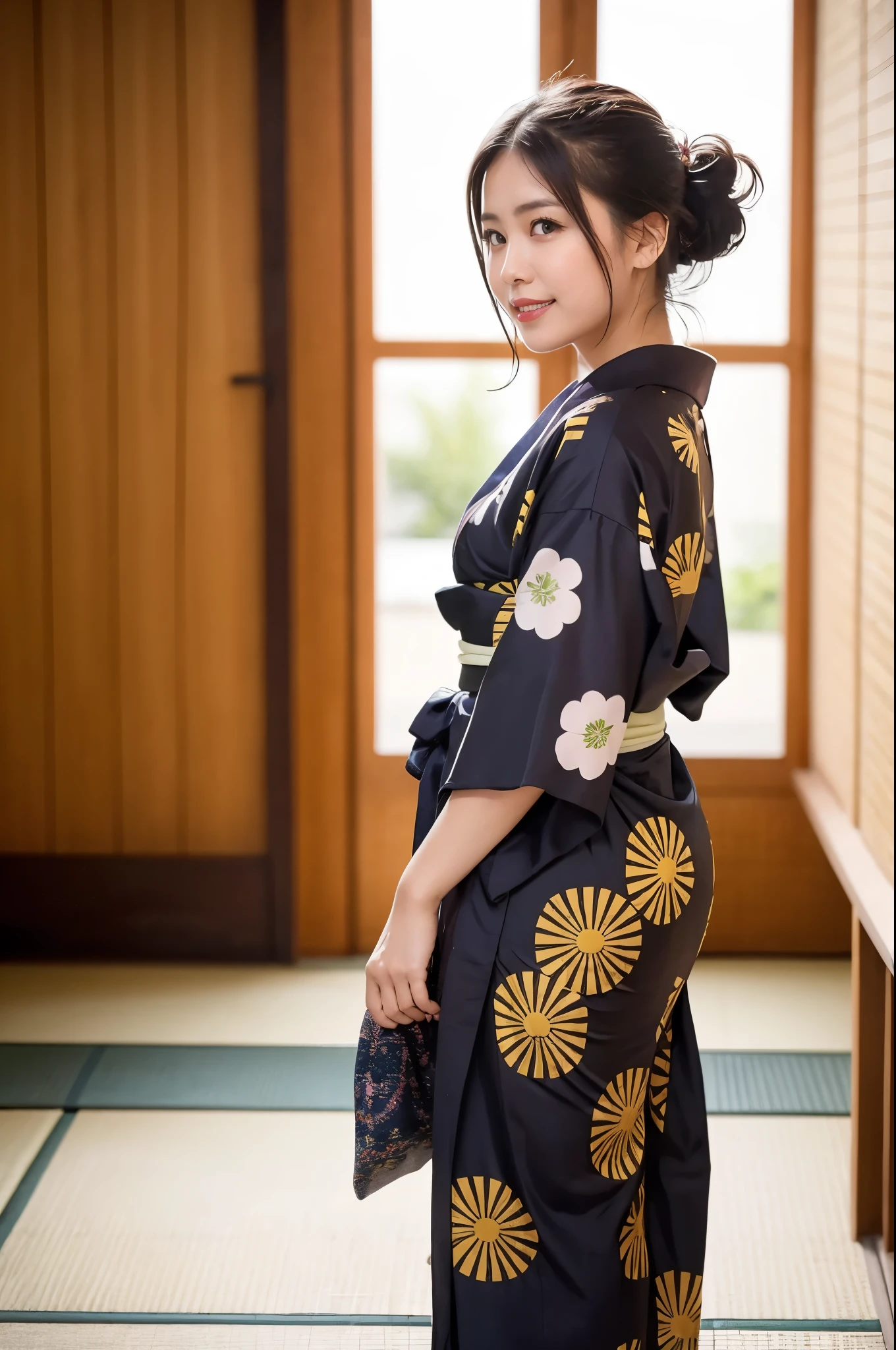 (((8k、High resolution、Highest quality、High resolution)))alone、Natural body shape、White skin、Natural Makeup、((I wear my hair up and short.))、(((Japanese Yukata)))、Japanese Kimono、(:1.4)、(())、(((((Full body photo)))))、(((Looking into the camera)))、(((A cool yukata with an elegant pattern)))、Tatami room、(((lover))) 、((seiza))、((Shot from the side))、(())、、、A look of shame、Smile of shame、(())