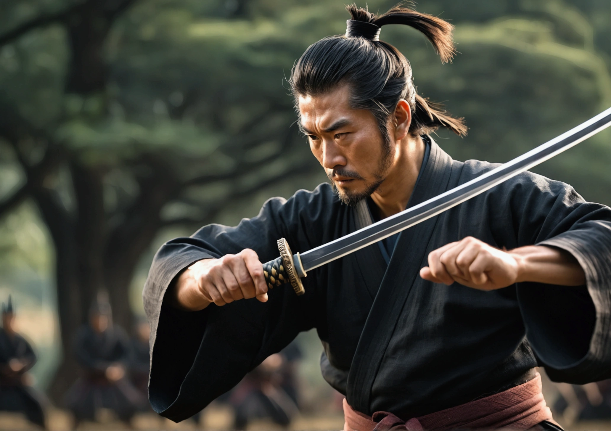 Samurai Swordsman: Create an image of a samurai demonstrating extraordinary swordsmanship, Slicing his enemies with his blade, Showcasing his unparalleled skills, narrative poem, 8k,Samurai with a sword, Realistic effect of wearing black hakama, Blur the background, 8k, Cinema Taste