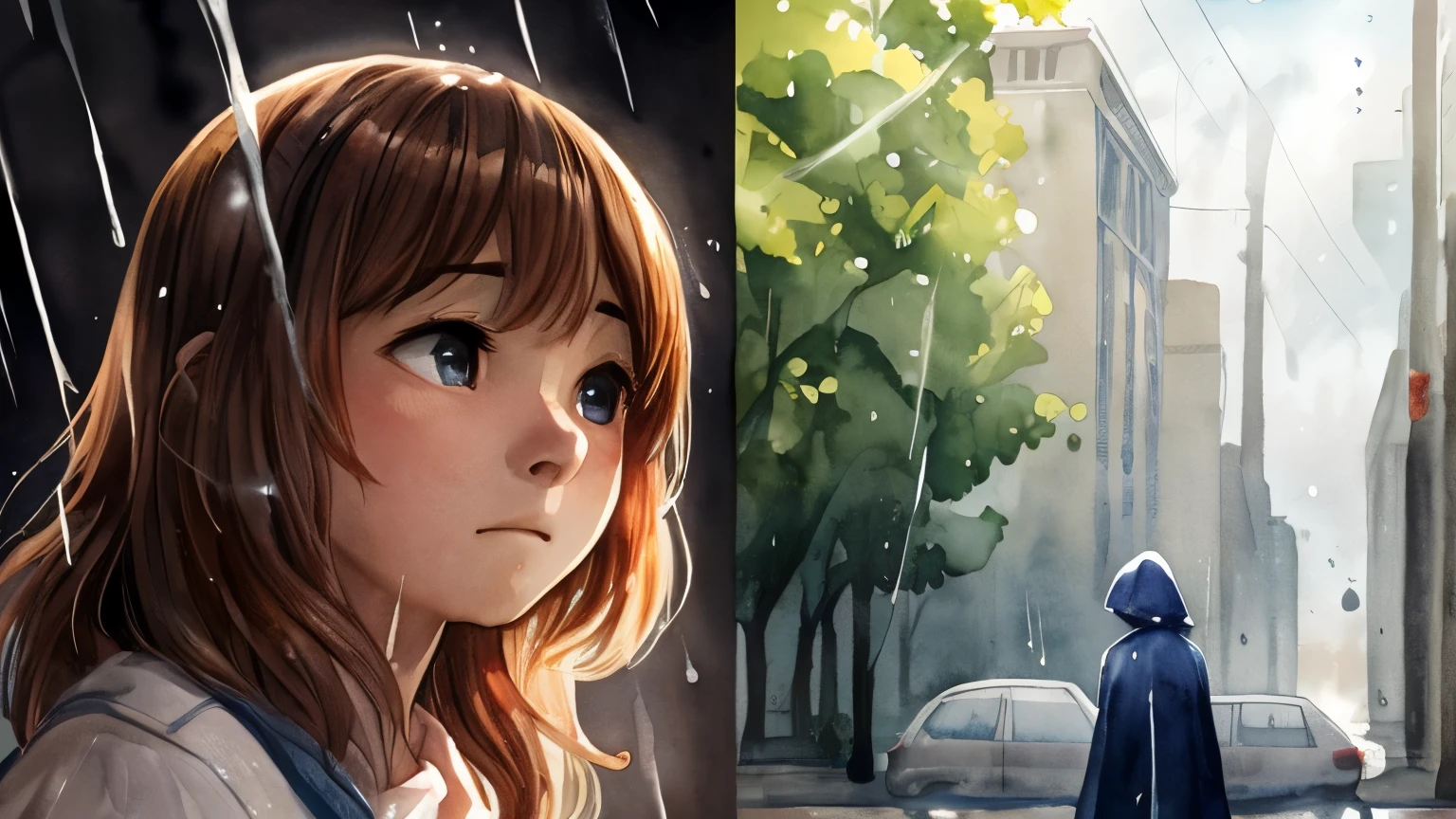 Split image: left side shows a clear sunny sky, right side shows rain falling. A person in the center looking up in wonder. Soft, dreamy watercolor style.