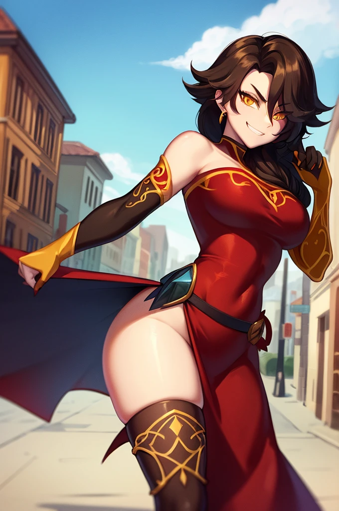 (masterpiece, best quality:1.2), cowboy shot, solo, 1girl, cinder fall, evil smile, looking at viewer, long hair, red dress, elbow gloves, on busy street