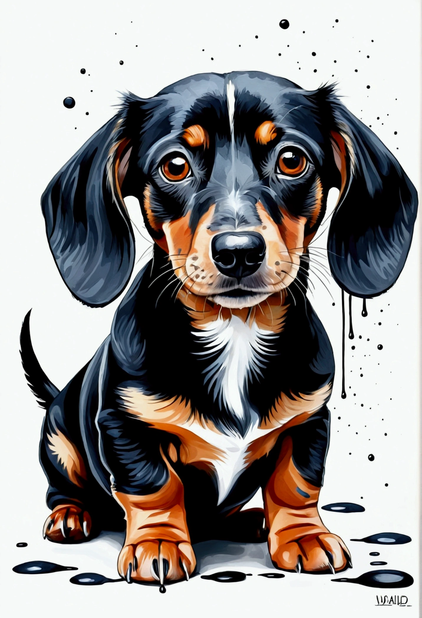 Ink Art (Ink Art), Dachshund black native dog mixed breed dog,Black hair all over,Brown leg hair, ((White background)), Sharp eyes, Epic Instagram, Art Station, Splash paint style, overview, Too detailed, Intricate details , Unreal Engine, wonderful, Intricate details, Startup Screen, Complementary colors, Fantasy concept art, 8K resolution, DeVian Tate's masterpiece, painting, critical hit, Paint dripping, Ink Art