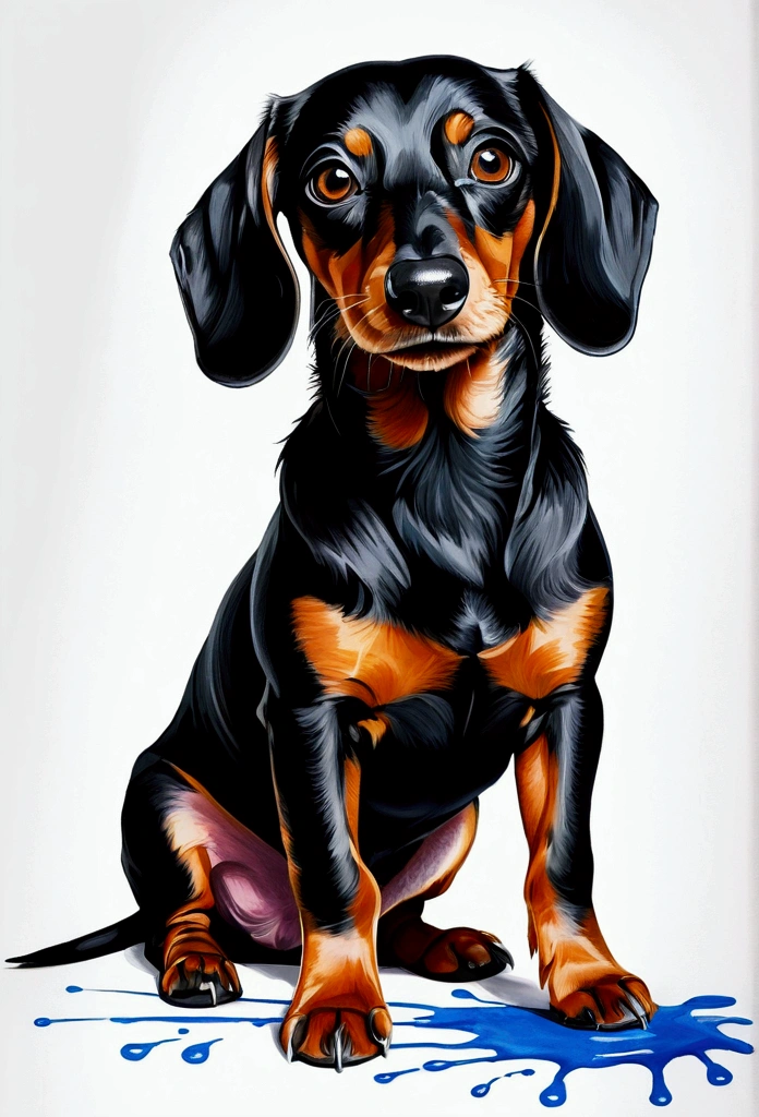 Ink Art (Ink Art), Dachshund black native dog mixed breed dog,Black hair all over,Brown leg hair, ((White background)), Sharp eyes, Epic Instagram, Art Station, Splash paint style, overview, Too detailed, Intricate details , Unreal Engine, wonderful, Intricate details, Startup Screen, Complementary colors, Fantasy concept art, 8K resolution, DeVian Tate's masterpiece, painting, critical hit, Paint dripping, Ink Art