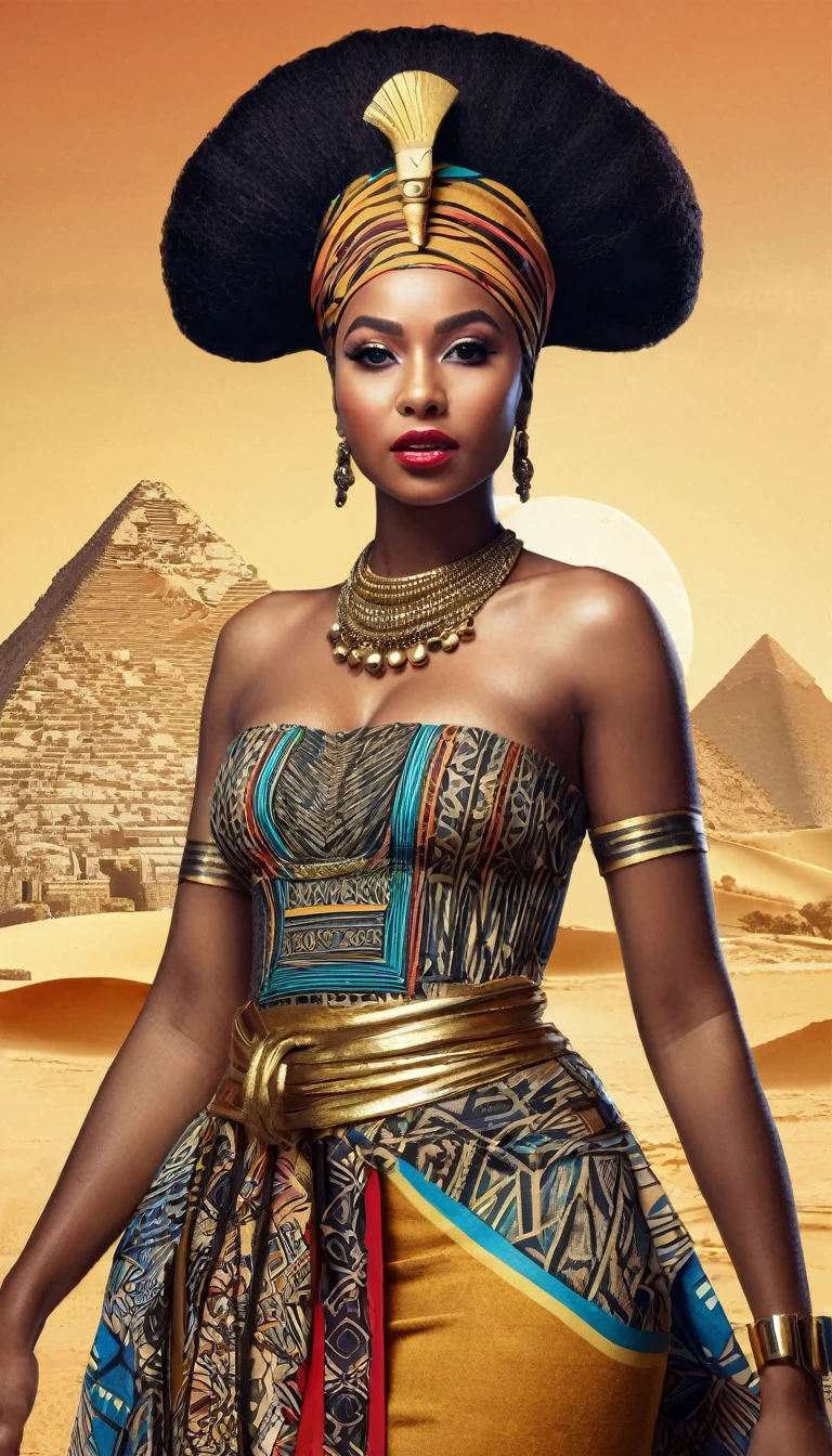 African queen with egypt outfit, Angola city in 1600s vibes background