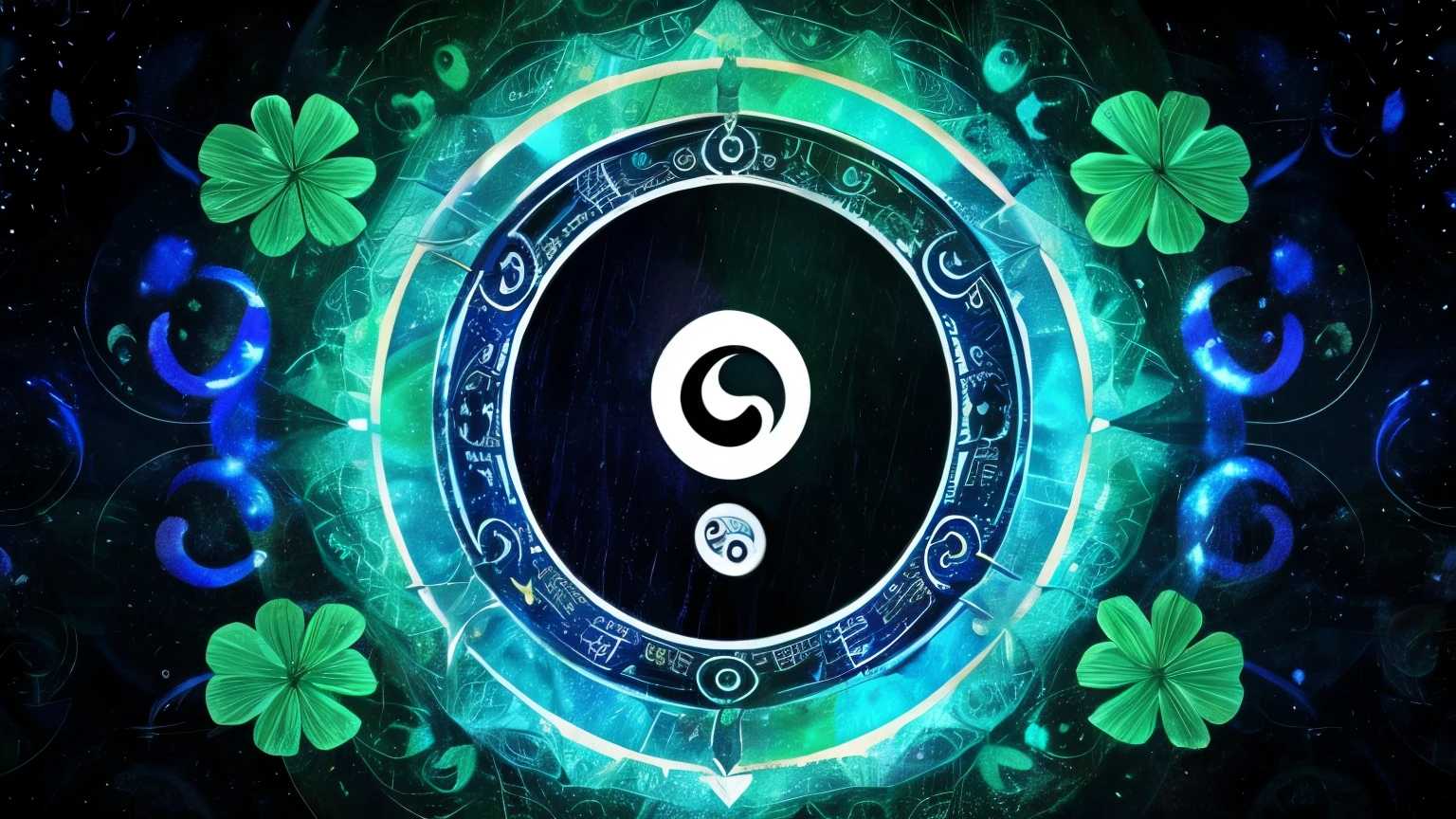 Symbolic image of fortune and spirituality. Rain drops turning into glowing symbols (four-leaf clover, zodiac signs, yin-yang). Mystical, colorful digital art style.