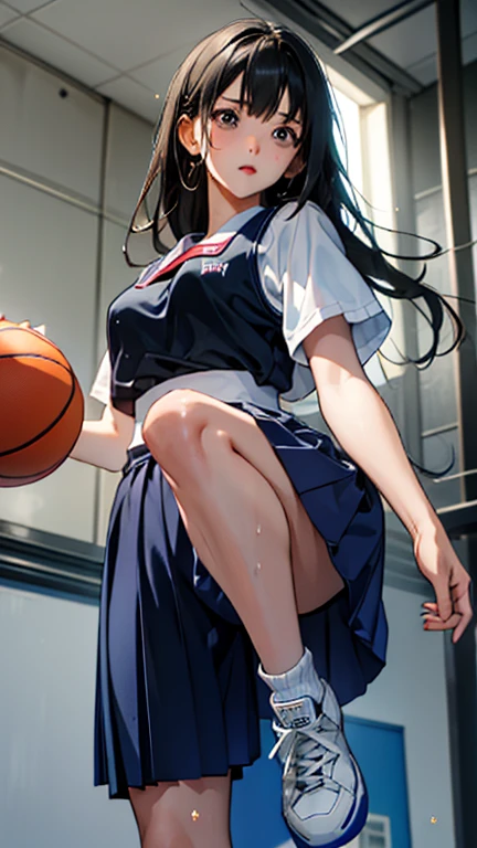 Highest quality)), ((masterpiece)), (detailed), One girl, basketball、((shoot、ダンクshoot))、(One-handed dunk)、Slam Dunk、Black Hair、Shortcuts、basketballコート、gym、Uplifting、((Japanese、high school girl))Slam the ball into the goal、Sweat、飛び散るSweat、Wet、Super Jump、【【Jumping pretty high】】、((片手でbasketballを持っている))、Angle from below、uniform、かなりHigh jumps、fly、jump、Directly below、High jumps