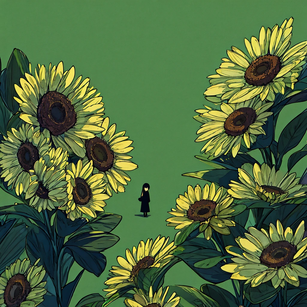 Green background, plain, simple, woman in black, flower