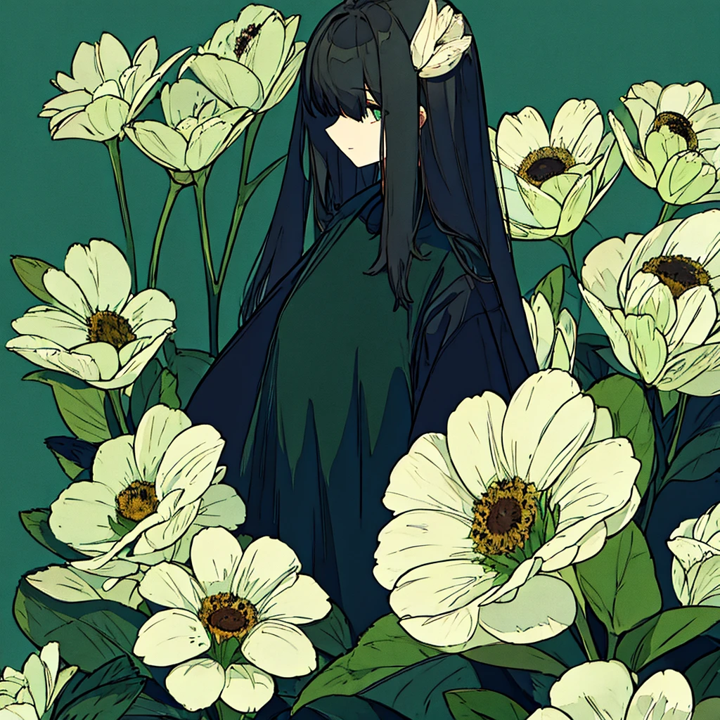 Green background, plain, simple, woman in black, flower