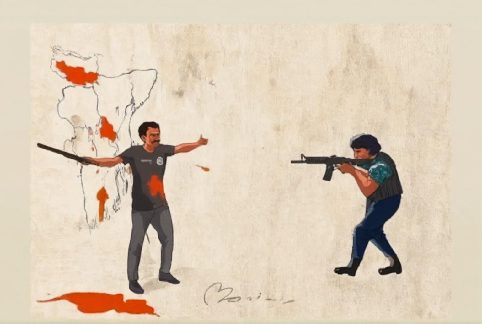 painting of two men with guns and blood on a wall, by Odhise Paskali, rotoscoped, violence, with violence, by Bikash Bhattacharjee, by Abdullah Gërguri, fanart, gun fight, by Noe Canjura, accurate depiction, by Paul Bird, single bangla farmer fighting, by Ingrida Kadaka