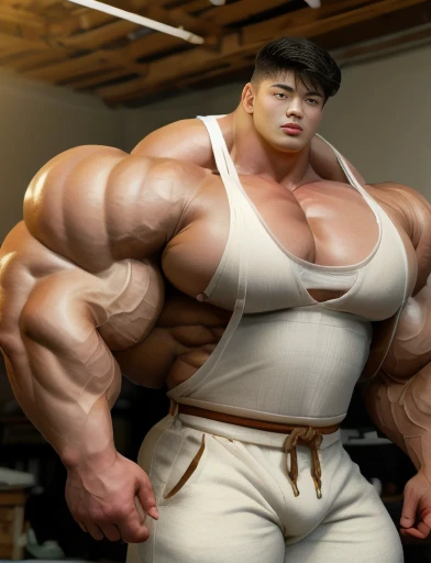 1 asian boy, giant, alone, giant bodybuilder, illuminating light, strong body, bulk, large size, staring, standing in white photo studio, indoor, nude, vest & pants, thick bulge, extraordinary big, brutalmass, giant muscular body, bulk, buff, massive body, large meaty body size, extremely wide body