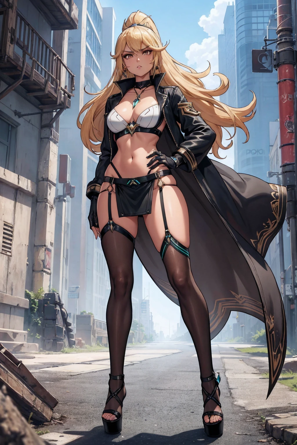 8K, Top Quality, Intricate Details, Ultra Detail, Ultra High Resolution, Masterpiece, full body, Very tall, dark skinned Mythra from Xenoblade 2; slender, blonde hairs and incredible long ponytail; strong makeup; brown eyes; small pointy breast; sensual midriff; wearing superhighplatform sandals, desert abandoned city, jewelery, necklace, earrings, black bikini top, short leather jacket, thongs with a lot of strings, leather skirt, long fingernails; gloves, rings, best quality, expressive eyes, perfect face, masterpiece, slim body, very long legs, detailed stomach, detailed hips, detailed legs, carefully drawn toes, carefully drawn feet, carefully drawn hands, best quality, drawn with careful, Dynamic Angle, Highly detailed, seductive eyes, NTR