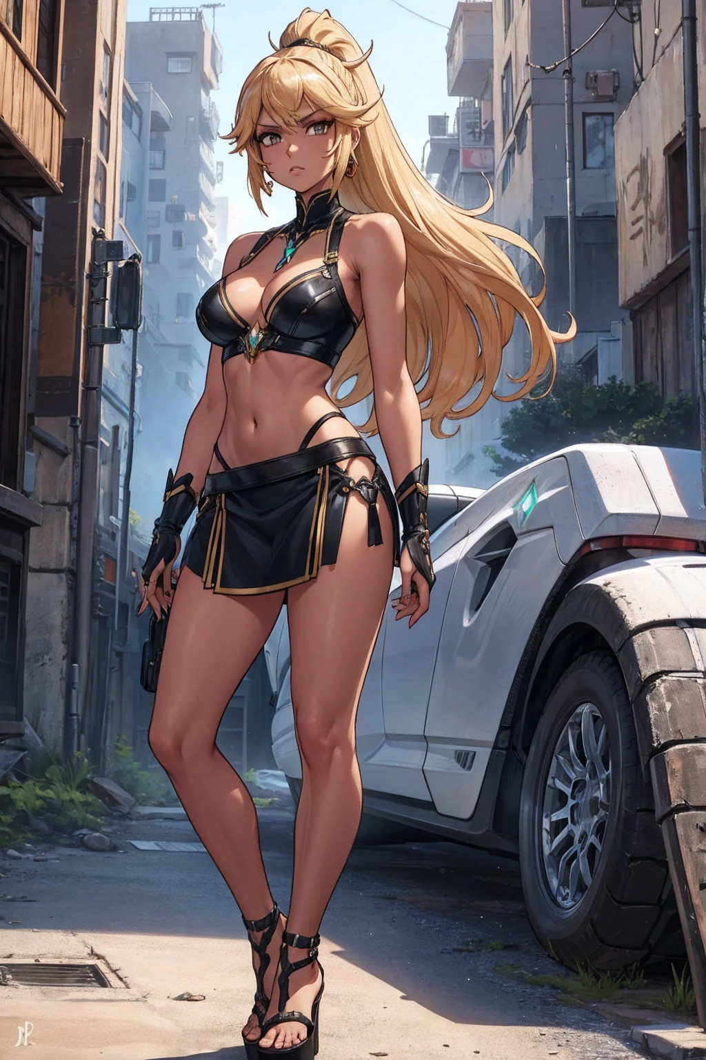 8K, Top Quality, Intricate Details, Ultra Detail, Ultra High Resolution, Masterpiece, full body, Very tall, dark skinned Mythra from Xenoblade 2; slender, blonde hairs and incredible long ponytail; strong makeup; brown eyes; small pointy breast; sensual midriff; wearing superhighplatform sandals, desert abandoned city, jewelery, necklace, earrings, black bikini top, short leather jacket, thongs with a lot of strings, leather skirt, long fingernails; gloves, rings, best quality, expressive eyes, perfect face, masterpiece, slim body, very long legs, detailed stomach, detailed hips, detailed legs, carefully drawn toes, carefully drawn feet, carefully drawn hands, best quality, drawn with careful, Dynamic Angle, Highly detailed, seductive eyes, NTR