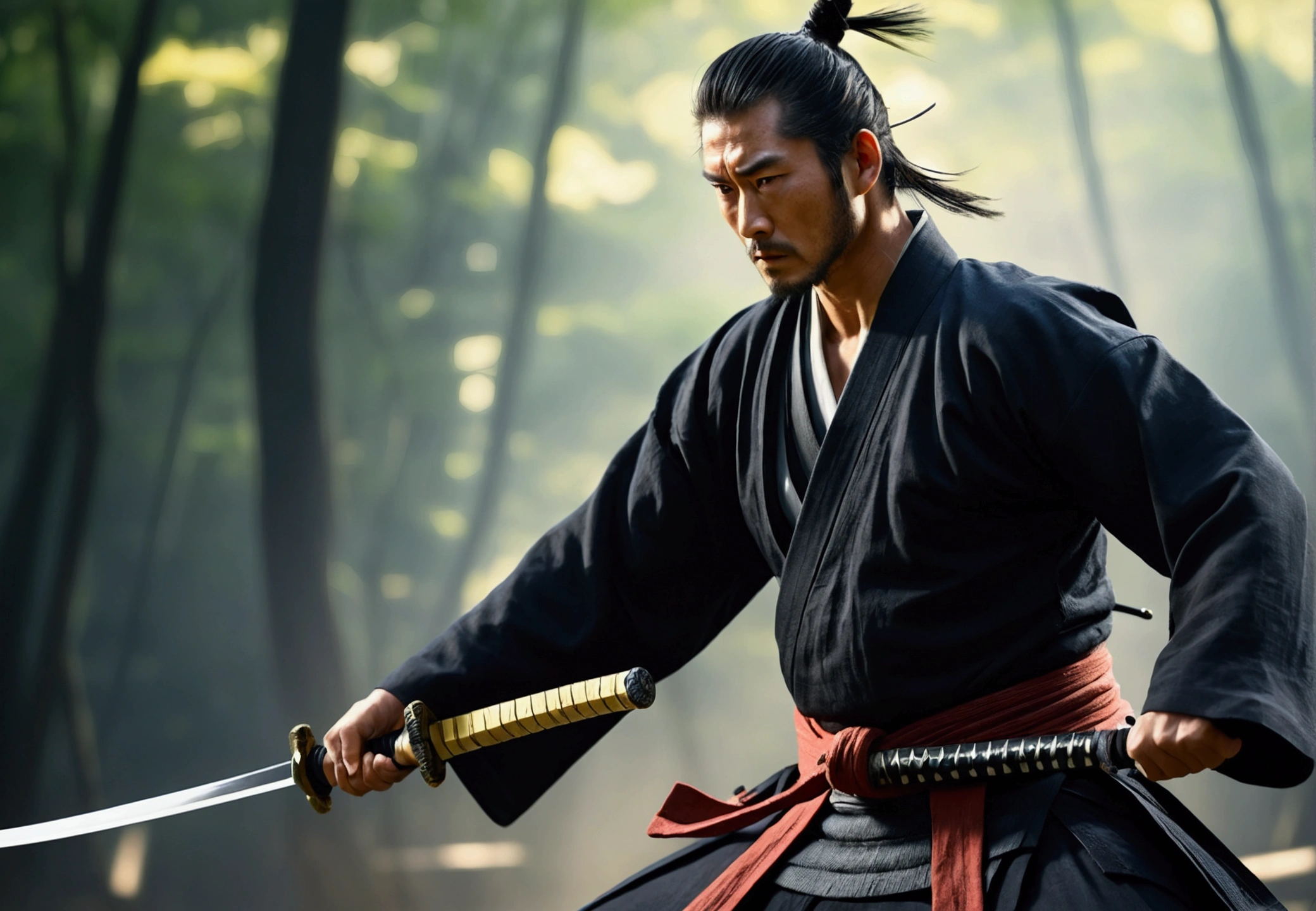 Samurai Swordsman: Create an image of a samurai demonstrating extraordinary swordsmanship, Slicing his enemies with his blade, Showcasing his unparalleled skills, narrative poem, 8k,Samurai with a sword, Realistic effect of wearing black hakama, Blur the background, 8k, Cinema Taste