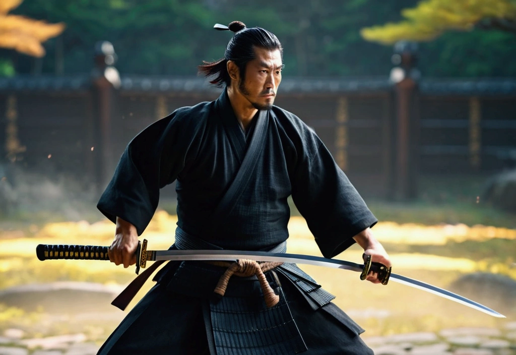 Samurai Swordsman: Create an image of a samurai demonstrating extraordinary swordsmanship, Slicing his enemies with his blade, Showcasing his unparalleled skills, narrative poem, 8k,Samurai with a sword, Realistic effect of wearing black hakama, Blur the background, 8k, Cinema Taste