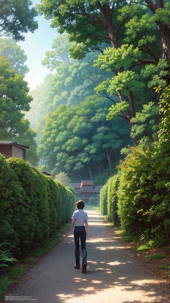 a painting of a boy walking down a path towards a house, studio ghibli & james gurney, studio ghibli artstyle, greg rutkowski studio ghibli, ghibli studio art, miyazaki's animated film, kilian eng and thomas kinkade, ghibli artstyle, studio ghibli smooth concept art, studio ghibli art style, by Miyazaki, studio ghibli concept art