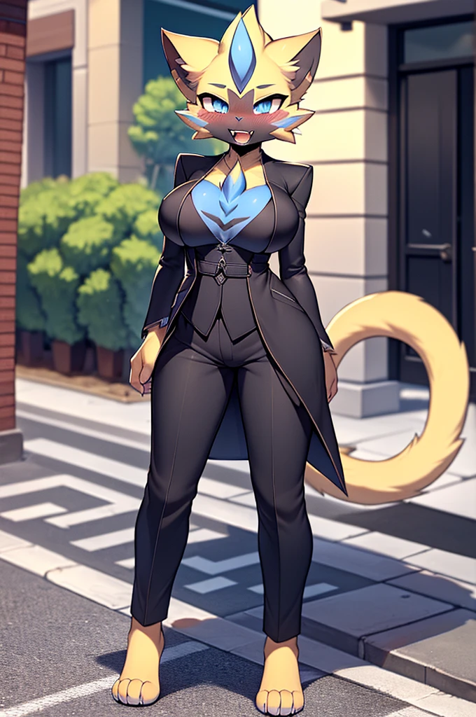 zeraora lora (zeraora)(woman) (medium size tits), blush, (27 years old)(young adult),  1girl, 1boy, (good anatomy), (cat teeth),, (front view), perfect body, detailed eyes, sidewalk, solo, feline, [blue] standing, standing straight, medium size ass, detailed mouth, (tailored suit), (black dress pants)