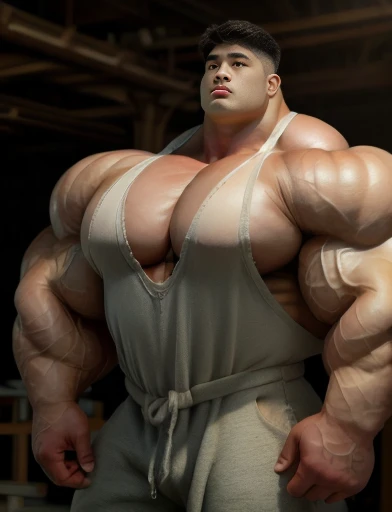 1 asian boy, giant, alone, giant bodybuilder, illuminating light, cuerpo strong, in bulk, large size, staring, standing in a white photo studio, interior, naked, vest & pants, thick bump, Notorious BIG, brutal times, giant muscular body, in bulk, strong, massive body, large fleshy body size, extremely wide body