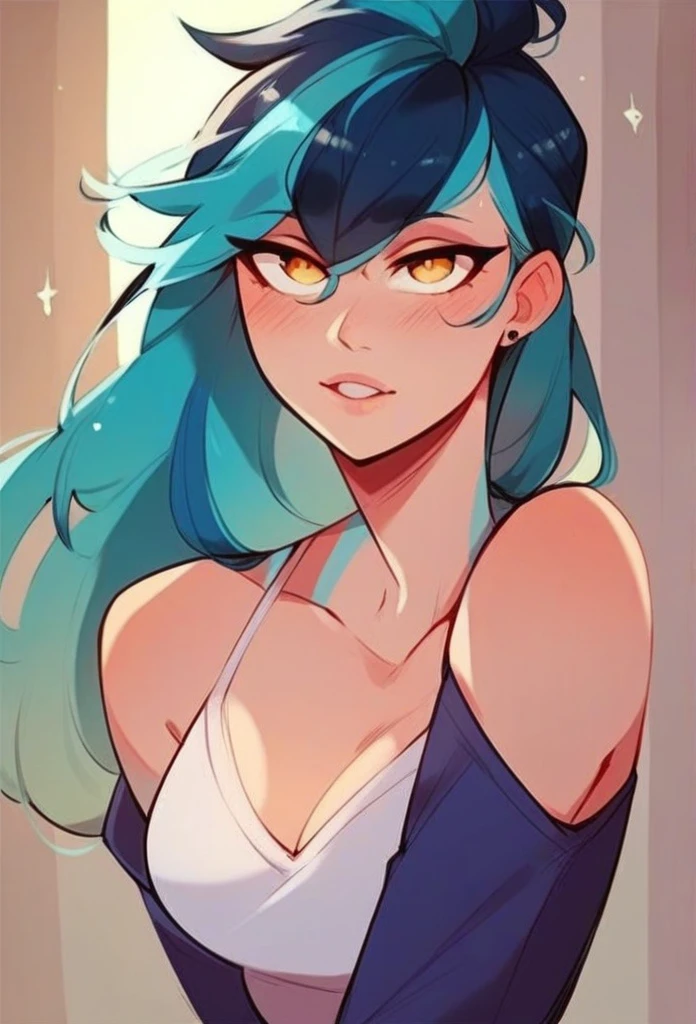 juder_style, score_9, score_8_up, score_7_up, score_6_up, score_5_up, score_4_up, hd, (ultra hd quality details), 8K, 1girl, long hair, Hourglass body, yellow eyes, indigo hair, 2d illustration