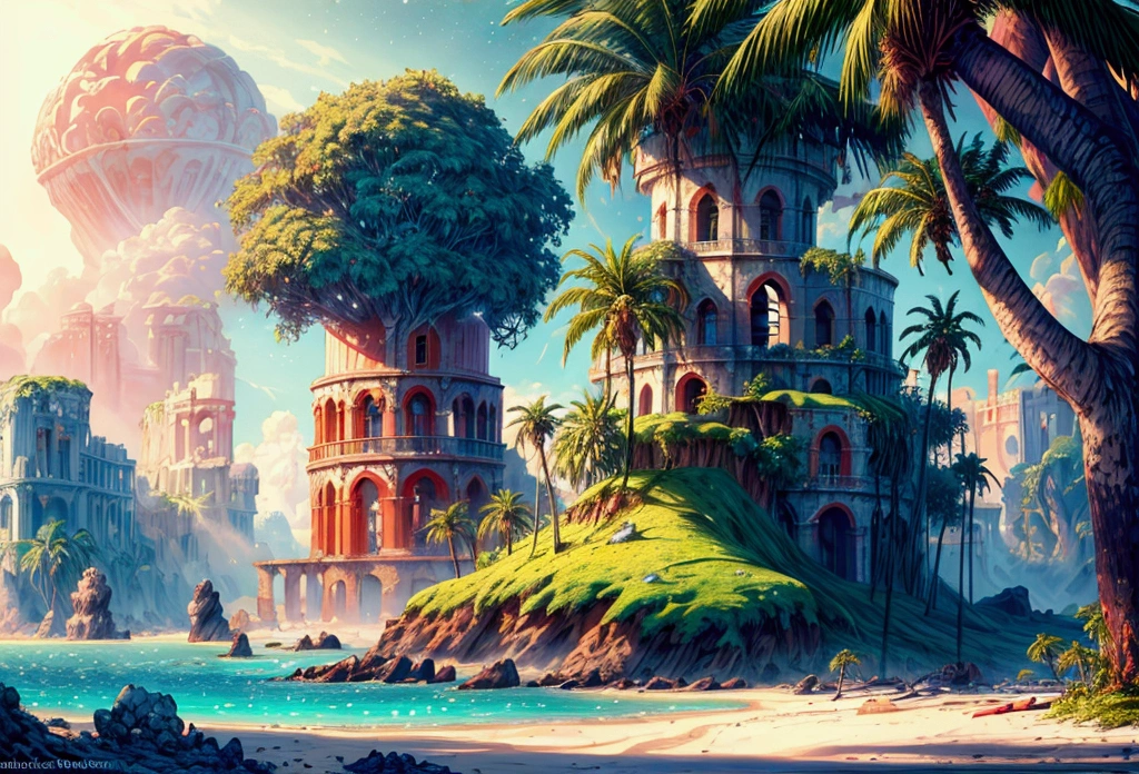 rafed, an oil painting of an (island of mystery: 1.3), an island of enigma, an island of secrecy, there some palm trees, white and red sand, some mist surrounds the island, it is the time between the night an day, the sun is in the horizon and some stars are still in the sky, the ruins of ancient tower are visible, veins crawling on it, dynamic angle, Ultra-high resolution, High Contrast, (masterpiece:1.5), highest quality, Best aesthetics), 16K fantasy art, best details, best quality, highres, ultra wide angle, 16k, [ultra detailed], masterpiece, best quality, (extremely detailed), 