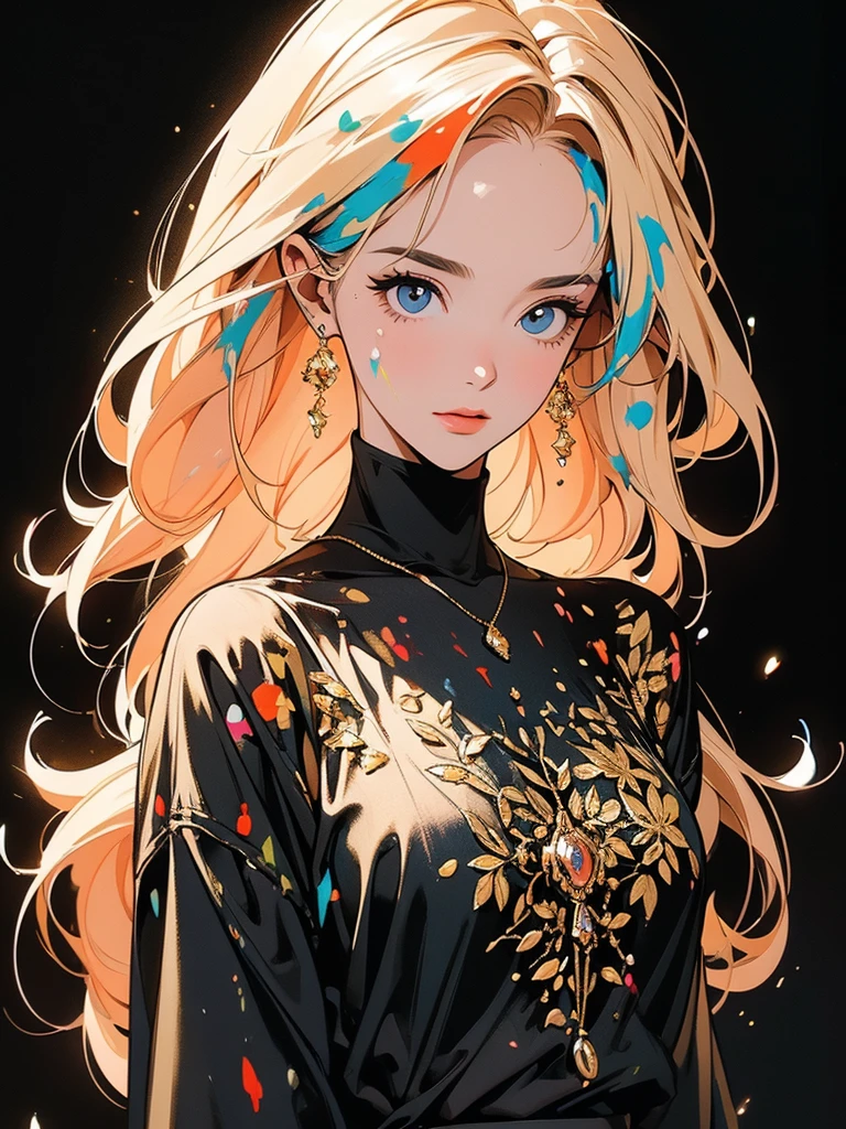 (Candid woman), head tilt, Brilliant, Super detailed face and eyes, Dripping Paint, Complex, wonderful, Fantastic, Gold leaf trim, Magic, Masterpiece Painting, Super detailed, Enchanting, intense, Scattered Light, constructed using the golden ratio, Awards, Perfect composition, Ultra HD, 8K, Realistic, Very detailed, One woman, (((full body))),(((black background)), (((splattering Colorful Paint)))