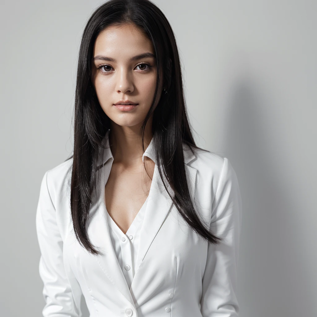 half-length shot, A woman in a white blazer, White dress, Long black hair, Subtle monochrome tone style, Shiny/Glossy solid color, Classic preppy style, Pure white background, Unique beauty, Thin face, Business pictures