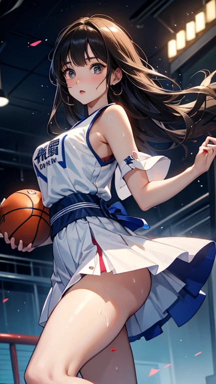 ((Highest quality)), ((masterpiece)), (detailed), One girl, basketball、（（shoot、ダンクshoot））、（One-handed dunk）、Slam Dunk、Black Hair、Shortcuts、basketballコート、indoor、gym、From above、Uplifting、（（Japanese、high school girl））Slam the ball into the goal、Sweat、飛び散るSweat、Wet、Super Jump、Jumping pretty high、