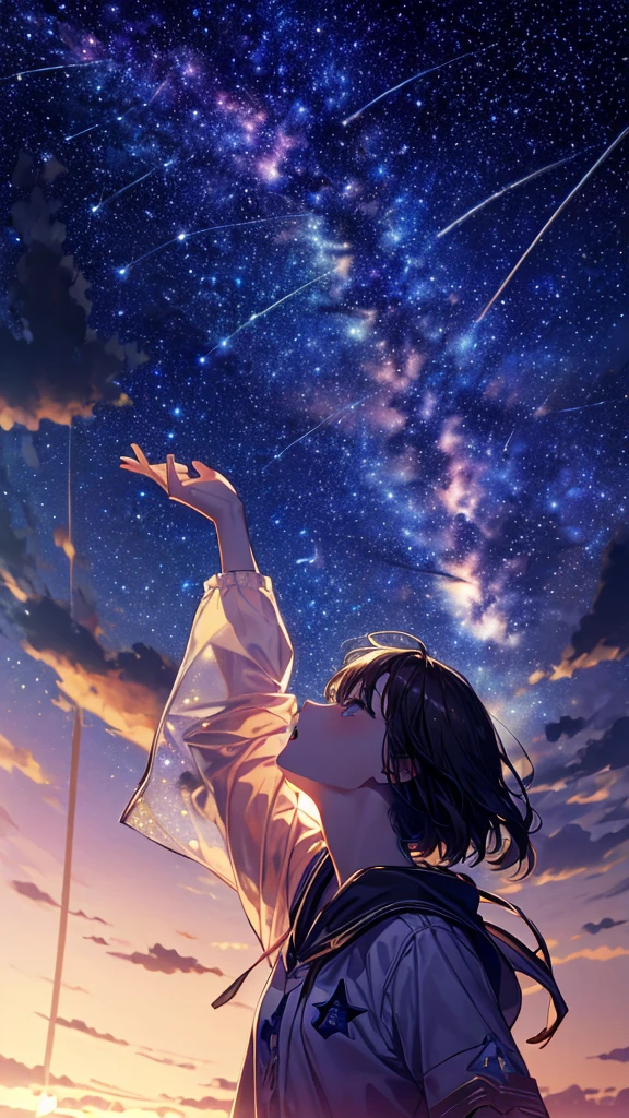 ((masterpiece))、((Highest quality))、((Realistic feel))、((Starry Sky:1.6))、Pitch Black、Moonlight shines、Immersion、Cool blue shade、1People Girls、Transparent silhouette、Looking up at the distant sky、Stretch out your arms、Get excited、Optical rotation、The sky is high、Dim and dim、High Contrast、Super beautiful graphics