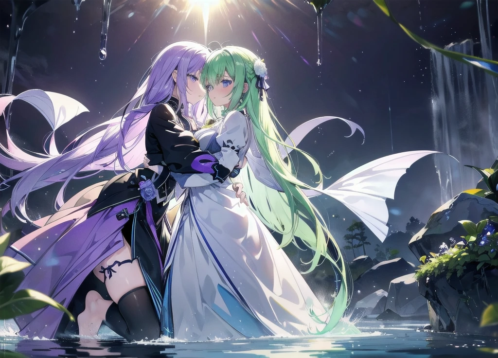 Two girls touching lips,A girl with purple hair,Transparent purple eyes,Another girl with yellow hair,Clear blue eyes,Medieval ta Style Clothing,Sit and hug,Look at each other affectionately,Cool,Violet,iris,Sunshine,Surrounded by greenery,Transparent stream flowing,Tyndall effect,Light up the fire,starlight:1.8,Clear shape,Detailed description of appearance:Perfect beautiful clear appearance,Normal human body,Transparent green,Light color strokes,{{{Transparent color:3.3}}}softbrush:1.8,Transparent character details,Perfect light color,suspended congress, face focus, ass grab, standing, hug, leg lock, breast press,straddling,arms around neck, lifting person