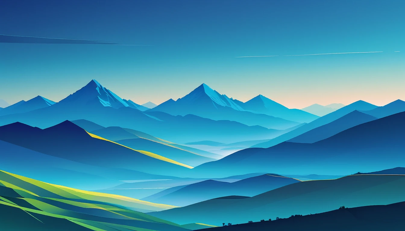 /Simple landscape composed of geometric mountains, Rich layers of blue create a tranquil atmosphere, Dusk atmosphere. singleness, The thick line defines the horizon, The sky changes from dark blue to turquoise. HD, amazing, --with 9:16--250 type