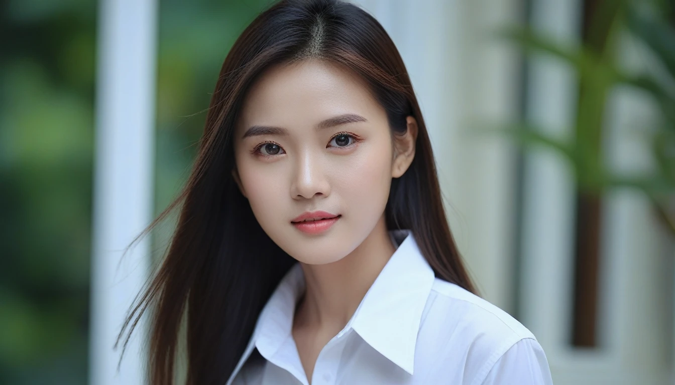 High qualityสุด, Masterpiece, Thai girl, 2 women, Beautiful face, (ภาพถ่ายที่สมTRUE:1.3), By the light, (Highly detailed skin:1.2), 8g UHD, dslr, High quality, high definition, 4K, 8ก, Bokeh, (TRUE: 1.3), small face, A cute girl, White school shirt, Long chest, Black long skirt, 