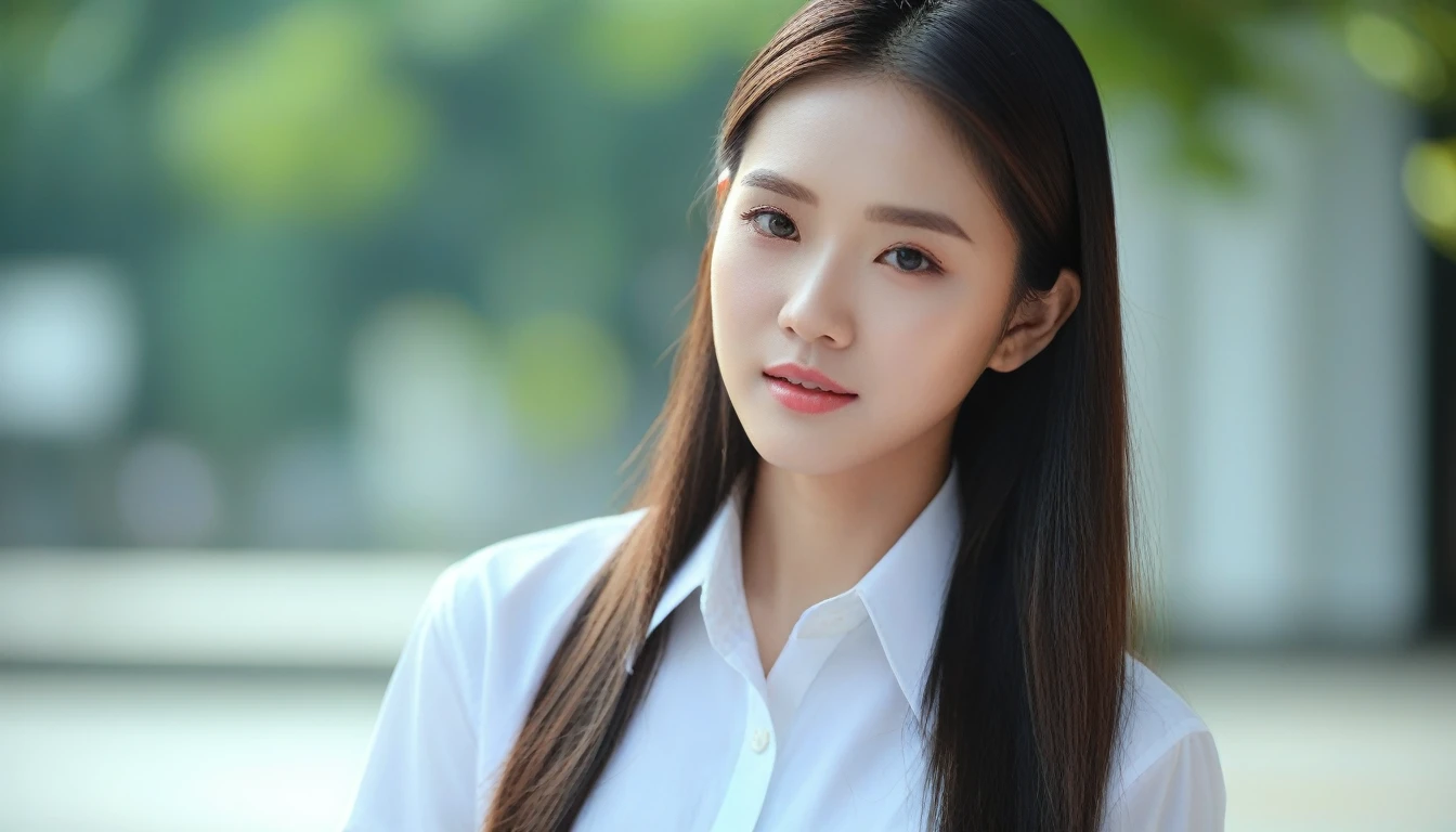 High qualityสุด, Masterpiece, Thai girl, 2 women, Beautiful face, (ภาพถ่ายที่สมTRUE:1.3), By the light, (Highly detailed skin:1.2), 8g UHD, dslr, High quality, high definition, 4K, 8ก, Bokeh, (TRUE: 1.3), small face, A cute girl, White school shirt, Long chest, Black long skirt,
