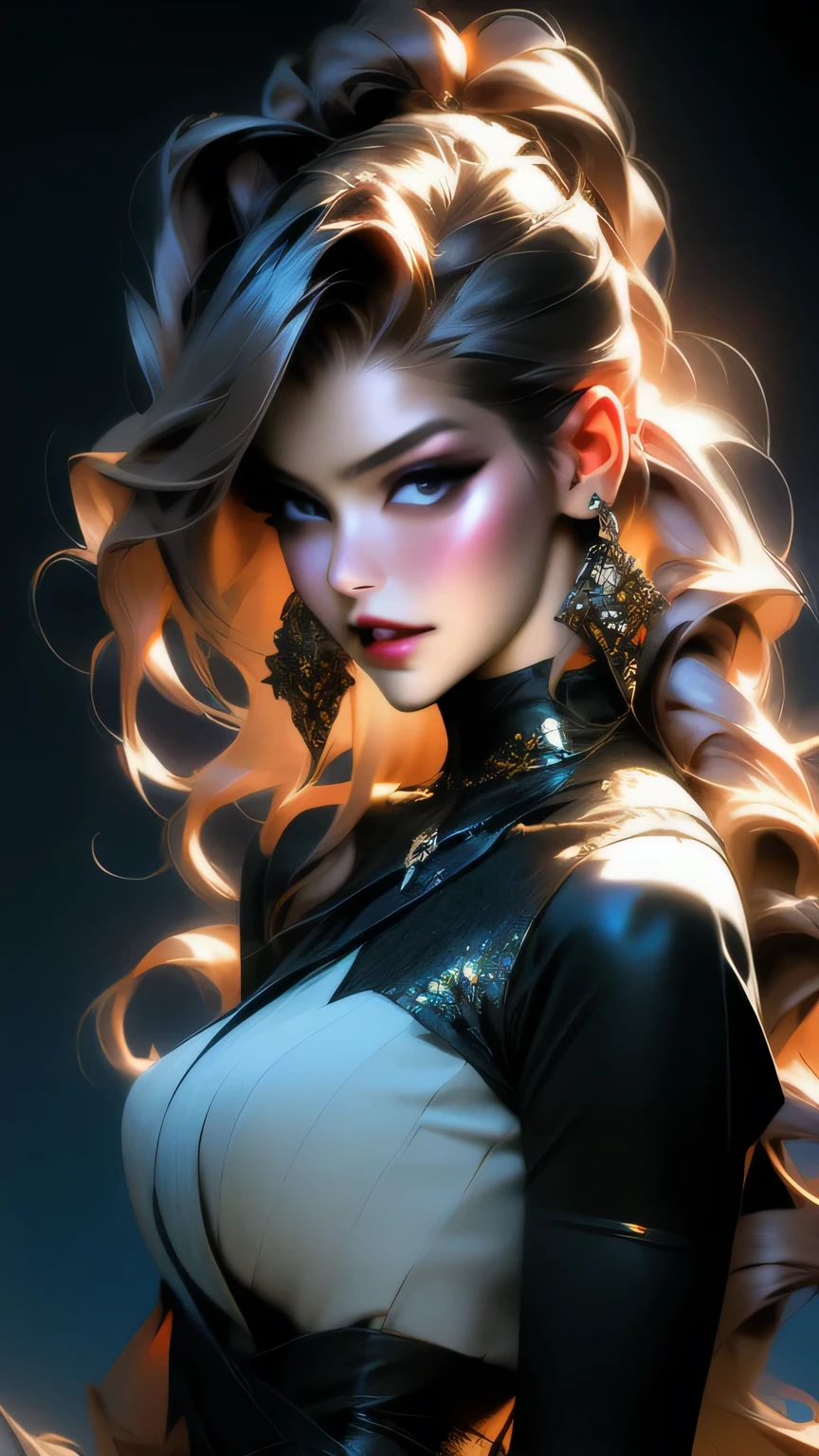 Studio Lighting,(Vibrant colors),(Soft moody lighting),(Sharp Focus), stunning face, confident and provocative smile,Mysterious atmosphere,Dark cave background, Big Tits, Decorative equipment,Fierce and powerful stance,Shining Jewelry,Dramatic lighting to accentuate facial features,Subtle makeup,Nighttime Settings,Faint moonlight shining in the background illuminates the scene.、masterpiece, 最high quality, high quality, High resolution, ((Pause_random))、((Upper body portrait))), Upper body portrait, Dark cave background,black garter set、