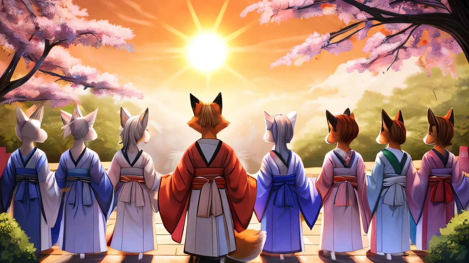 Ethereal procession of fox spirits under a sun shower. Fox bride in traditional Japanese wedding kimono, surrounded by fox attendants. Ukiyo-e inspired digital illustration.
