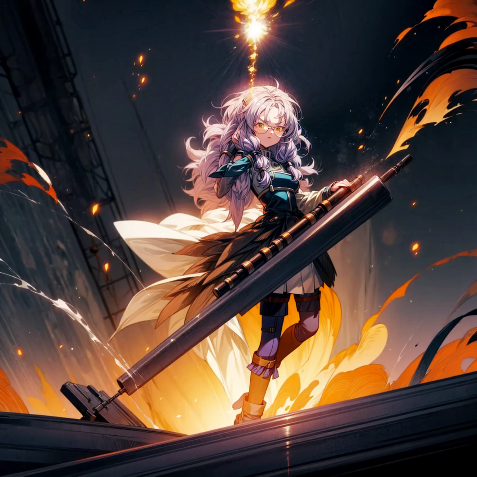 1girl, 1character, gold eyes, long Curly haircut, lavender color hair, army style clothing, white glasses, Long socks, boots army, full iron armor, bandage on hand, Grassroots, background in fire city street, motion blur, (dragon ball style art), Big robot gun in hand, smoke effect, aura effect, Fire, lighting fire, plasma effect, fire city, (high angle view, full body view version, angry eyes)