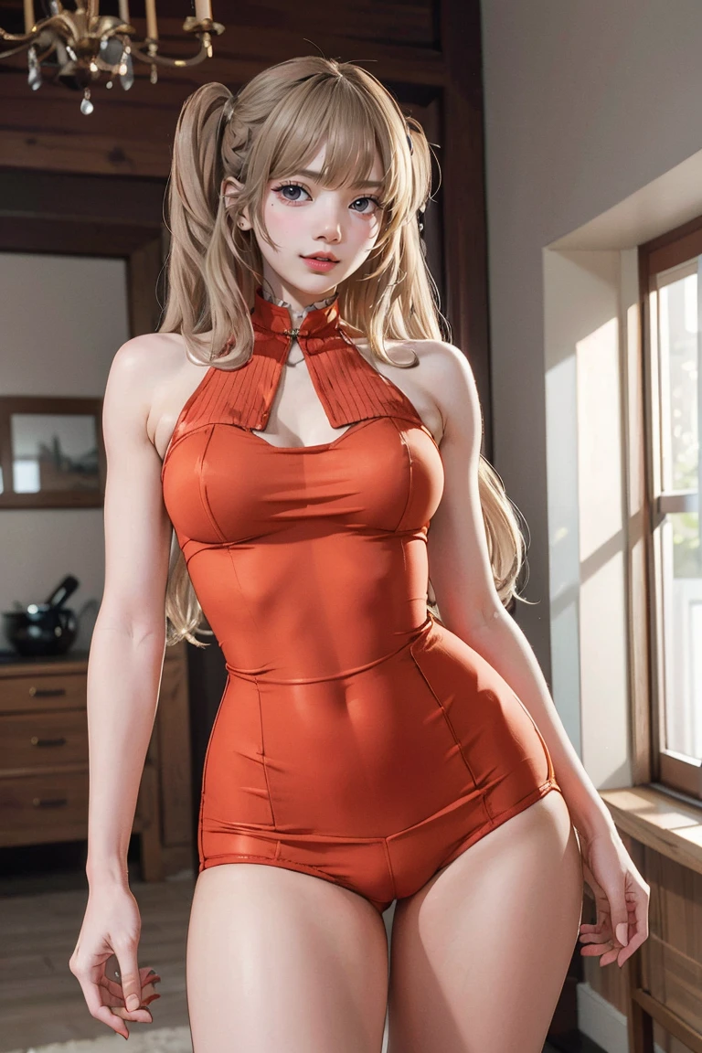 blonde, girl, (1980s style), ((Red sleeveless tight dress)), ,Long Hair, (Browsing Caution:1.0),背の高いSupermodel、Long-legged Supermodel、Supermodel,((Highest quality、Best image quality、Ultra-high resolution、Ultra-high resolutionで描画、Very beautiful adult Nordic woman、Strong eye highlights)),Browsing Caution,(See through)