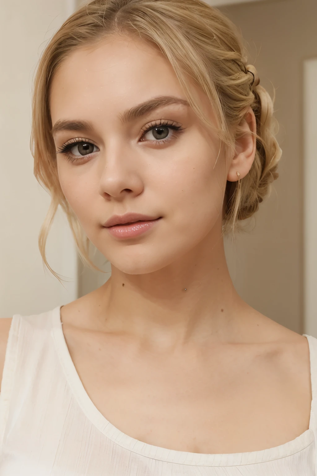 Create an image of a young woman with blonde hair styled in an elegant updo, featuring loose strands framing her face. She has a fair complexion and is wearing subtle, natural makeup with defined eyebrows, soft pink lipstick, and light eyeshadow. The woman is wearing a white, sleeveless top. She is posing with a playful expression, facing camera. The background is a soft, neutral beige color