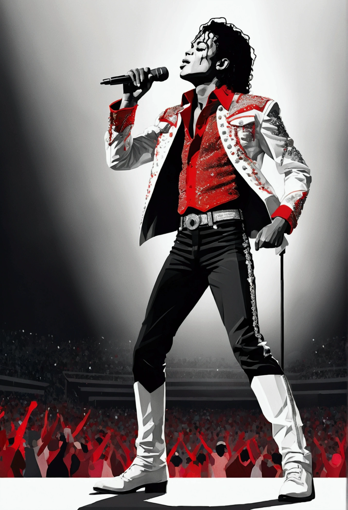 Michael Jackson singing at a standing microphone on a super-wide stage in a really big arena, by conrad roset, greg rutkowski, makoto shinkai, low poly, abstract, style of black and white drawing with red pops of color
