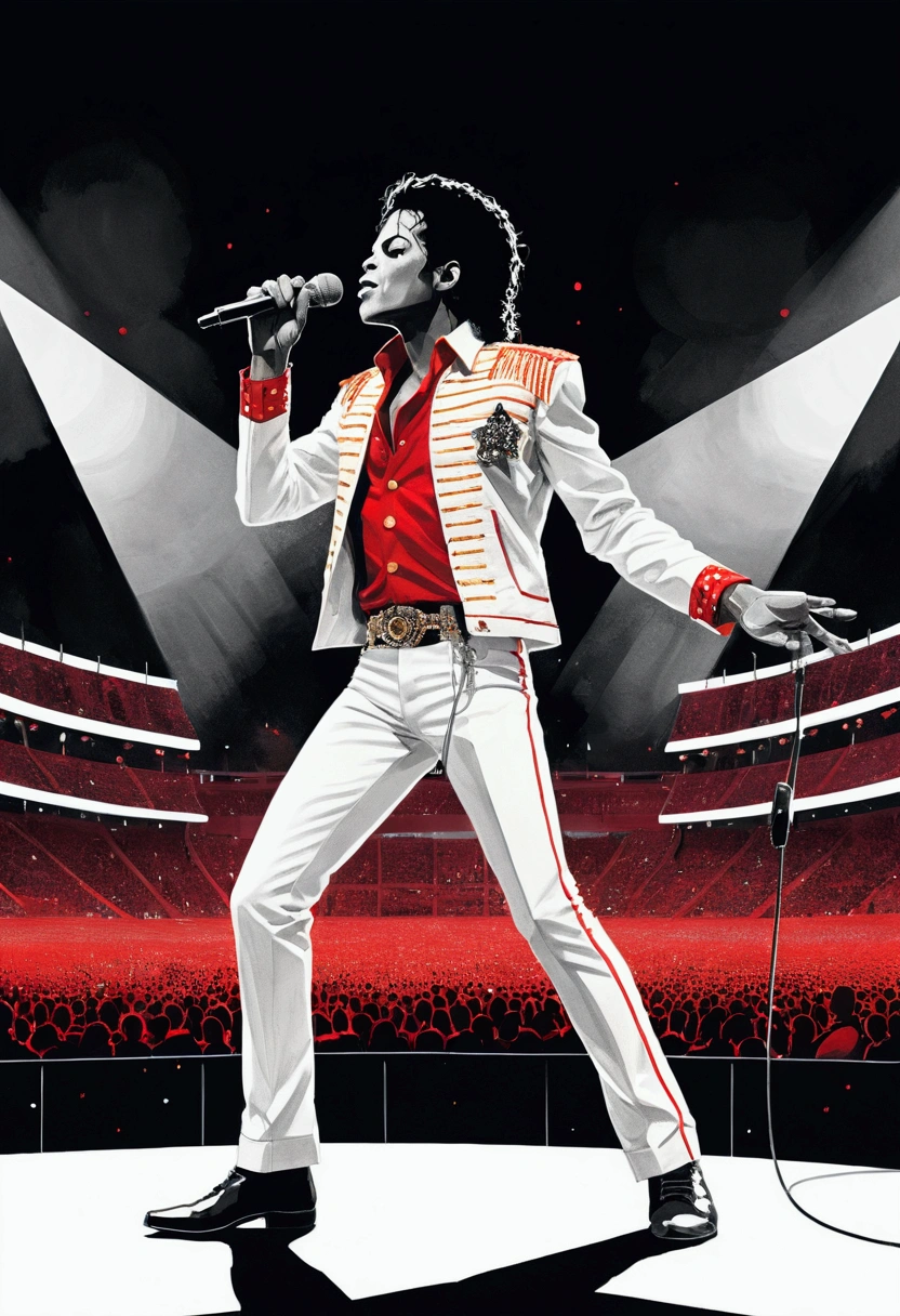 Michael Jackson singing at a standing microphone on a super-wide stage in a really big arena, by conrad roset, greg rutkowski, makoto shinkai, low poly, abstract, style of black and white drawing with red pops of color