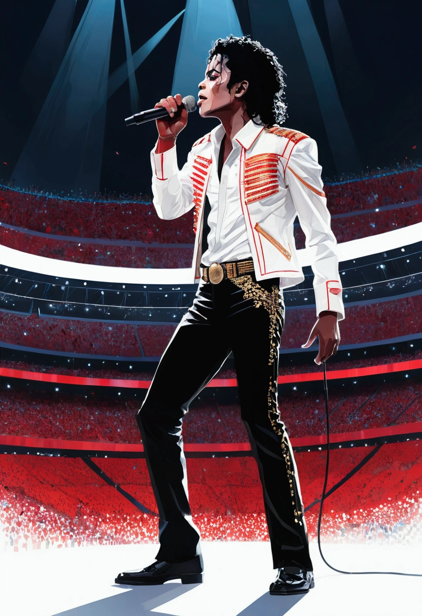 Michael Jackson singing at a standing microphone on a super-wide stage in a really big arena, by conrad roset, greg rutkowski, makoto shinkai, low poly, abstract, style of black and white drawing with red pops of color
