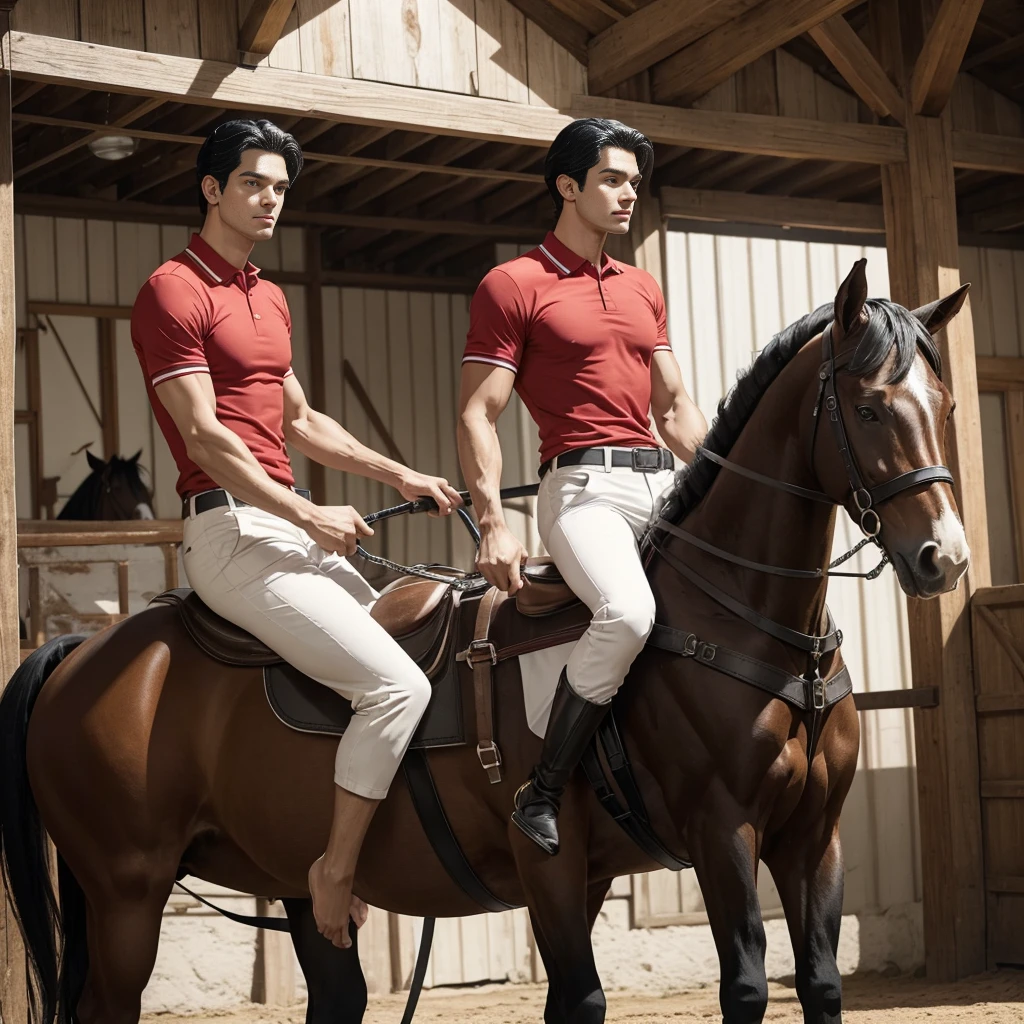 A tall 27 year old man in a red and white long sleve polo shirt and white ridding pants and knee length  black boots. Holding a black horse by the harness with his left hand. He has black hair, brown eyes and light tan skin. He is muscular, athletic, and strong. In the background is a stable is a building in which livestock, especially horses, are kept.
